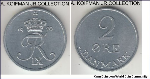 KM-840.2, 1970 Denmark 2 ore; zinc, plain edge; Frederik IX, common circulation issue, bright uncirculated.