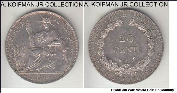 KM-10, 1899 French Indochina 20 cents, Paris mint; silver, reeded edge; second colonial issue, relatively common, nice almost uncirculated.