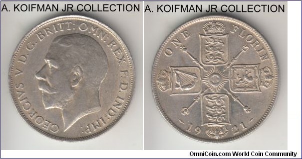 KM-817a, 1921 Great Britain florin (2 shillings); silver, reeded edge; George VI, good extra fine, lightly toned.