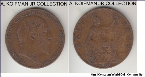 KM-793, 1906 Great Britain half penny; bronze, plain edge; Edward VII, very good or almost.