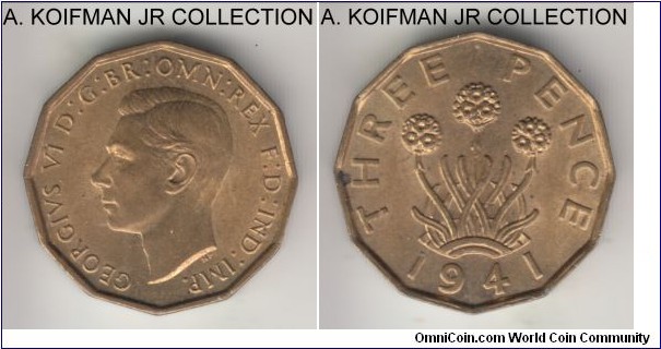 KM-849, 1941 Great Britain 3 pence; nickel-brass, 12-sided flan, plain edge; George VI, mostly red uncirculated, small reverse carbon spot.