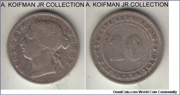 KM-11, 1883 Straits Settlements 10 cents, Royal Mint (no mint mark); silver, reeded edge; Victoria, early and scarce year, very good to about fine.