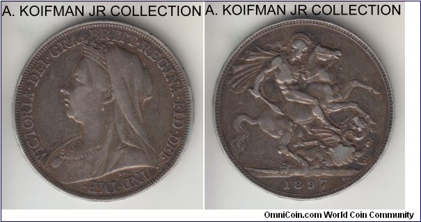 KM-783, 1897 Great Britain crown; silver, lettered edge; Victoria, year LXI edge, good very fine with decent rims.