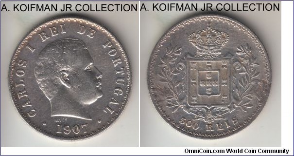 KM-535, 1908 Portugal 500 reis; silver, reeded edge; Carlos I, about extra fine, ex-jewelry.