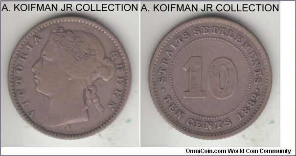 KM-11, 1883 Straits Settlements 10 cents, Heaton mint (H mint mark); silver, reeded edge; Victoria, early years, old toned fine.