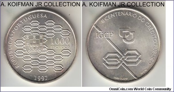 KM-703, 1997 Portugal 1000 escudos; silver, reeded edge; 200 years of the Junta de Credito Publico financial institution circulation commemorative, bright uncirculated.