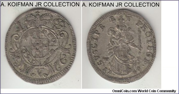 KM-322, 1748 German States Wurzburg 5 kreuzer; silver, plain edge; Bishop Anselm Franz von Ingelheim, scarce, very fine.