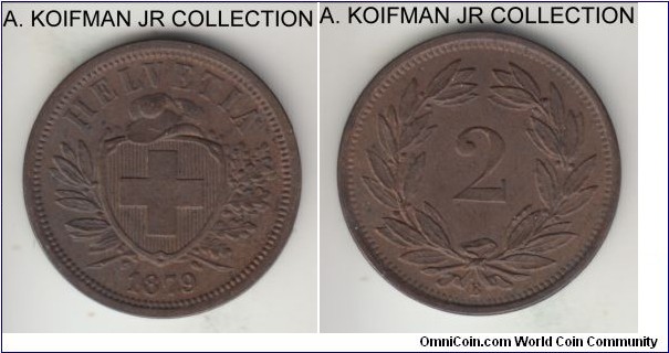 KM-4.1, 1879 Switzerland 2 rappen, Berne mint (B mint mark); bronze, plain edge; small mintage, brown uncirculated.