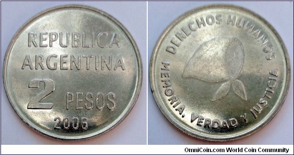 Argentina 2 pesos.
2006, Defense of Human Rights.