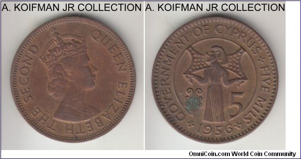 KM-34, 1956 Cyprus (British rule) 5 mils; bronze, plain edge; Elizabeth II, red brown almost uncirculated.