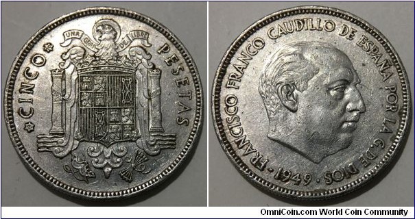 5 Pesetas (Francoist Spanish State / Francisco Franco Caudillo de Espana / 1950 Issue // Nickel 15g)