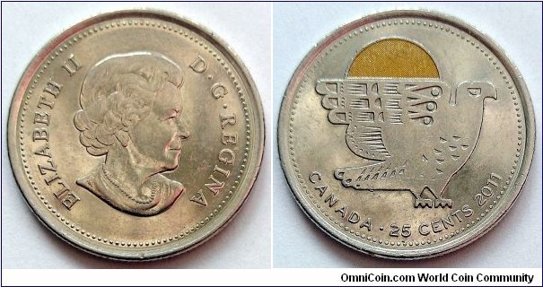 Canada 25 cents. 2011, Canada's Legendary Nature - Peregrine Falcon. Colourized.