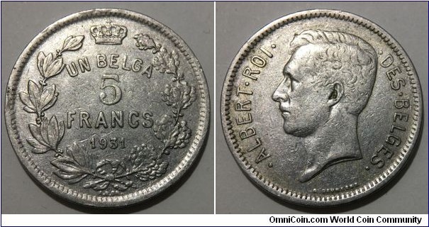 1 Belga / 5 Francs (Kingdom of Belgium / King Albert I // Nickel 14g)