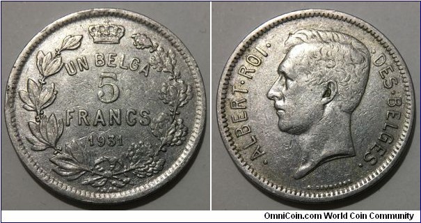 1 Belga / 5 Francs (Kingdom of Belgium / King Albert I // Nickel 14g)