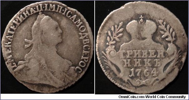 AR 10 kopeck 1764. Ex. Leipziger Münzhandlung Heidrun Höhn Auction 78. https://www.numisbids.com/n.php?p=lot&sid=521&lot=1555