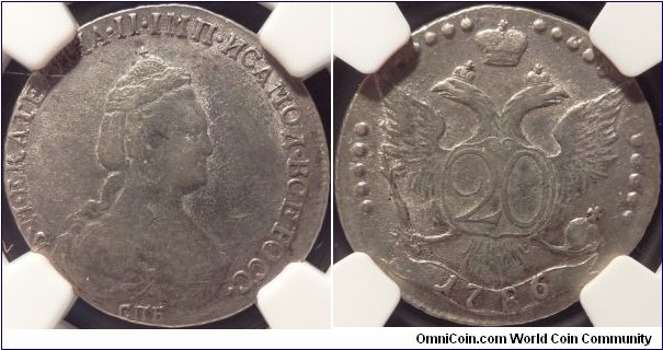 AR 20 kopeck 1786 SPB. NGC AU-53. Ex. Ernst Otto Horn Collection, Fritz Rudolf Kuenker GmbH # 272 part of Lot 3167.
https://www.kuenker.de/en/archiv/stueck/112099