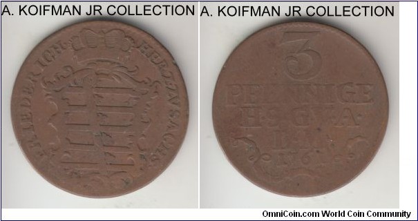 KM-305, 1761 German State Saxe-Coburg-Altenburg 3 pfennig; copper, plain edge; Friedrich III, Duke of Saxe-Coburg and Altenburg, average circulated but clear coin on both sides, may be very fine for the type.