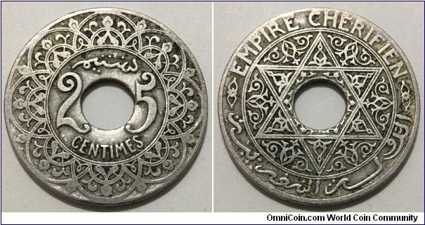 25 Centimes (Moroccan Empire - Protectorate of France / Sultan Yusef // Copper-Nickel)