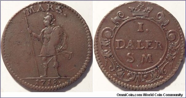 AE Daler SM 1718, Mars type. Copper emergency coinage issued during the Northern Wars. 
