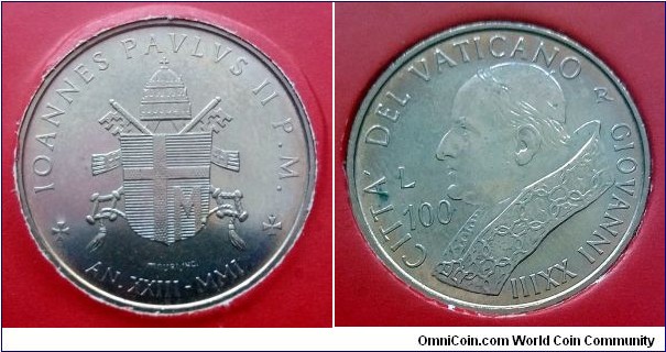 Vatican 100 lire.
2001, Pontif. Ioannes Paulus II. Lira Through the Coins of the Popes -   Ionnes XXIII.