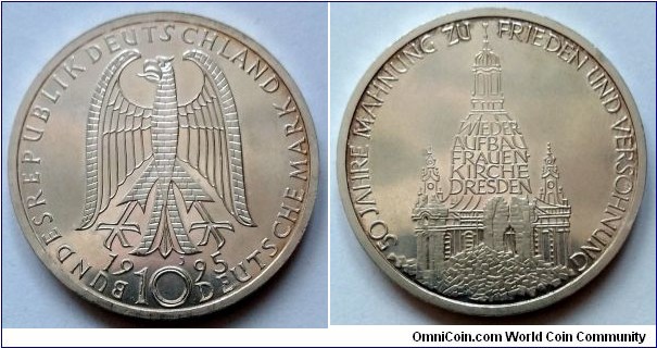 Germany 10 mark. 1995 J, 50th Anniversary of destruction of Frauenkirche in Dresden. Ag 625.