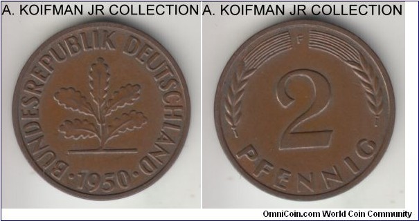 KM-106, 1950 Germany (Federal Republic) 2 pfennig, Stuttgart mint (F mint mark); bronze, plain edge; early West Germany issue, brown uncirculated or almost.