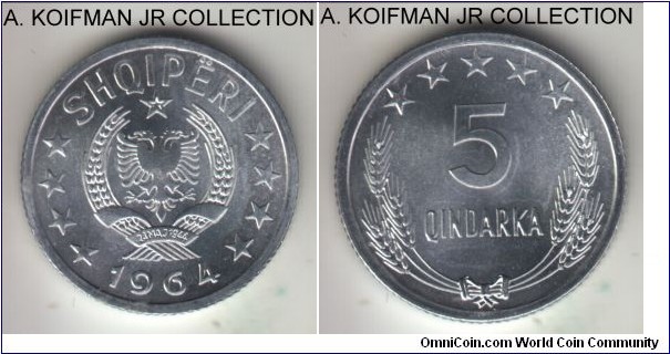 KM-39, 1964 Albania 5 quindarka; aluminum, plain edge; common circulation issue while nominally 1-year type, bright uncirculated.