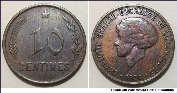 10 Centimes (Grand Duchy of Luxembourg / Grand Duchess Charlotte // Bronze 4g)