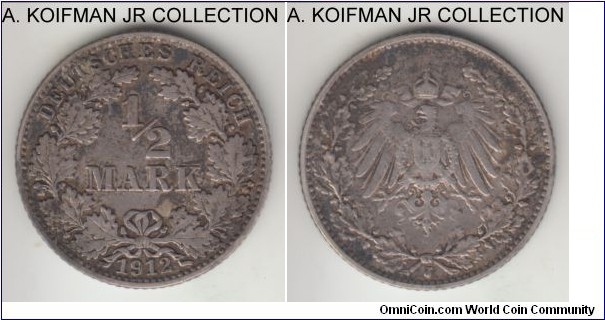 KM-17, 1912 Germany (Empire) 1/2 mark, Hamburg mint (J mint mark); silver, reeded edge; Wilhelm II, one of the smaller mintage year/mint, good fine to about very fine.