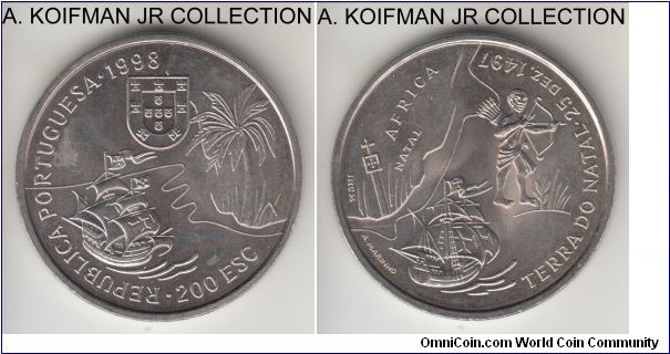 KM-710, 1998 Portugal 200 escudos; copper-nickel, reeded edge; one year commemorative issue celebrating Discovery of Africa, average uncirculated with a toning spot on obverse.