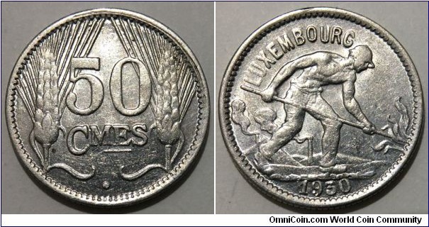 50 Centimes (Grand Duchy of Luxembourg / Grand Duchess Charlotte // Nickel 3.14g) 