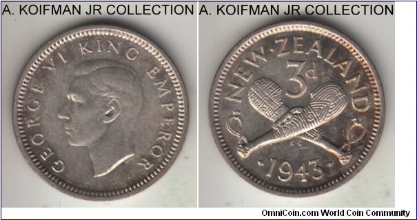 KM-7, 1943 New Zealand 3 pence; silver, plain edge; George VI, common world War II period issue, average uncirculated or almost, toned.