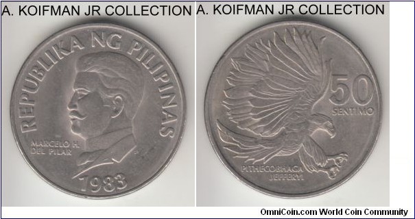 KM-242.2, 1983 Philippines 50 sentimos; copper-nickel, plain edge; variety with the spelling error, average uncirculated.