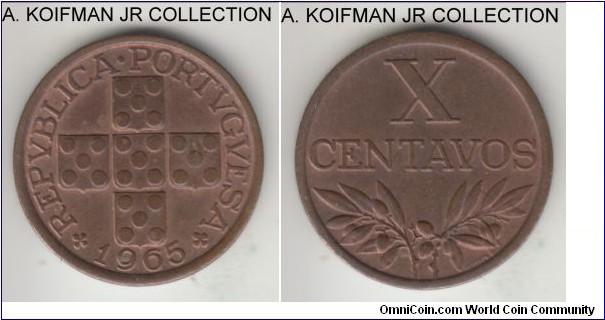 KM-583, 1965 Portugal 10 centavos; bronze, plain edge; modern Republic, brown uncirculated or almost.