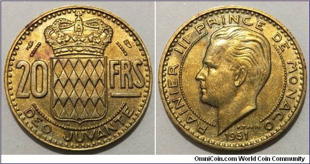 20 Francs (Principality of Monaco / Prince Rainier III // Aluminium-Bronze / Mintage: 500.000 pcs) 