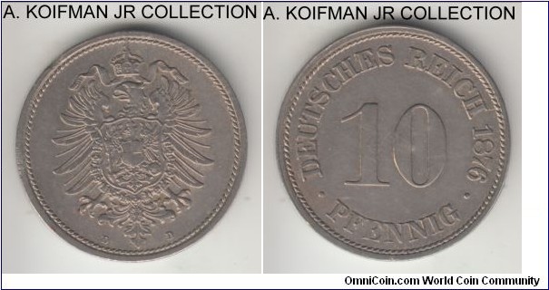 KM-6, 1876 Germany (Empire) 10 pfennig, Munich mint (D mint mark); copper-nickel, plain edge; Wilhelm I, nicer grade, good extra fine or so, small flan imperfection.