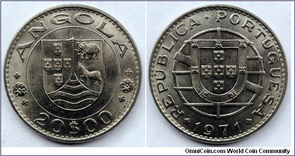 Angola 20 escudos.
1971, Portugal administration. Nickel.