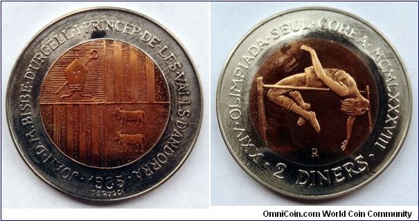 Andorra 2 diners.
1985. XXIV Summer Olympic Games - Korea, Seoul 1988. High jumper. Mintage: 15.000 pcs. (data from description from two coin set) or 11.000 pcs. according to Krause and Numista.