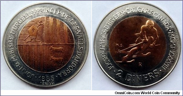 Andorra 2 diners.
1985, XV Winter Olympic Games - Calgary, Canada 1988. Alpine skier. Mintage: 15.000 pcs. (data from description from two coin set) or 11.000 pcs. according to Krause and Numista. Struck at Rome Mint, Italy.
