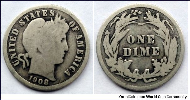 1908 Barber dime. Ag 900.