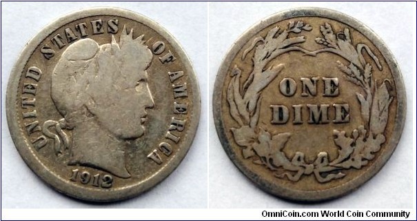 1912 Barber dime.
Ag 900.