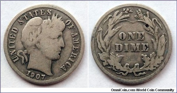 1907 Barber dime.
Ag 900.