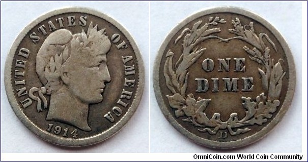 1914 D Barber dime.
Ag 900.