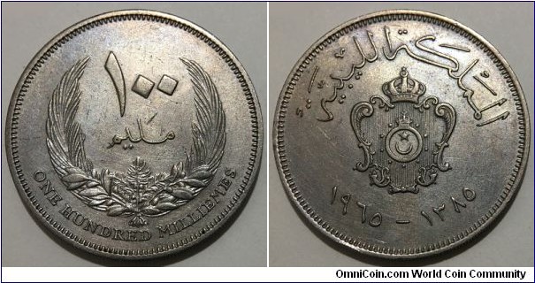 100 Milliemes (Kingdom of Libya / King Idris I // Copper-Nickel) 	