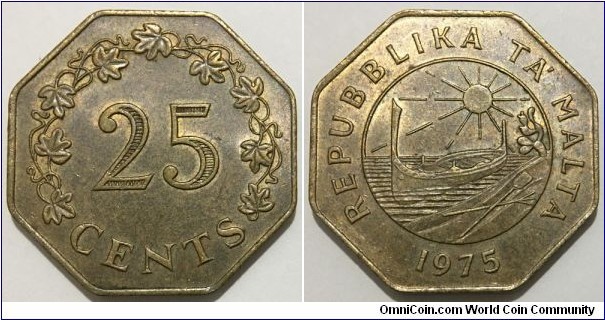 25 Cents (Republic of Malta / 1st Anniversary of Republic of Malta // Nickel Brass) 