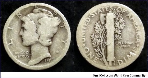 1917 Mercury dime. Ag 900.