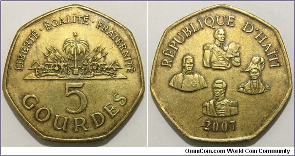 5 Gourdes (3rd Republic of Haiti // Brass plated Steel) 
