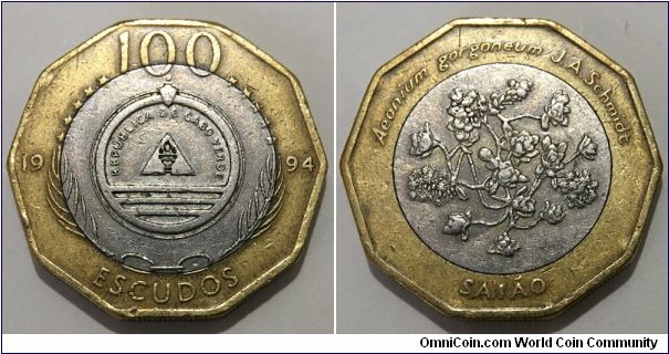 100 Escudos (Republic of Cabo Verde / Flora of Cabo Verde Islands Series - Saiao // Bimetallic: Copper-Nickel centre - Brass ring)