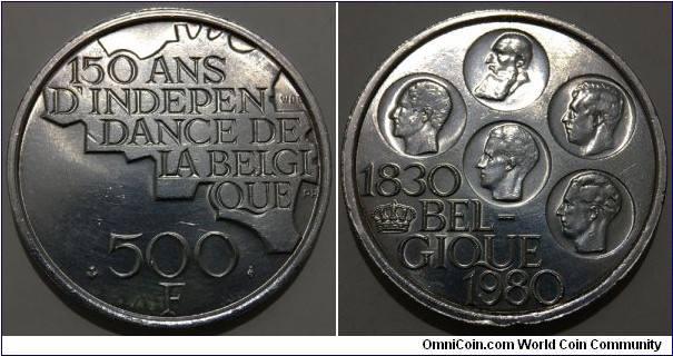 500 Francs (Kingdom of Belgium / King Baudouin I / 150th Anniversary of Independence // Silver clad Copper-Nickel - 18.5% Silver / 25g / Mintage: 1.000.000 pcs)  