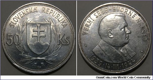 50 Korun (1st Slovak Republic - Client State of Nazi Germany / Fifth Anniversary of the Slovak Republic 1944 // SILVER 0.700 / 16.5g / ⌀34mm)